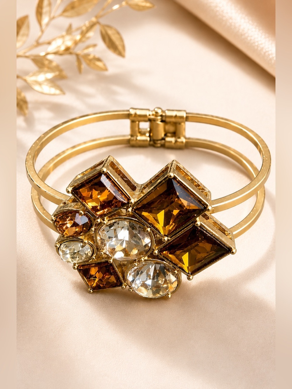 Fancy and Stylish Gold Plated Bangle with peach, brown and crystal rhinestones